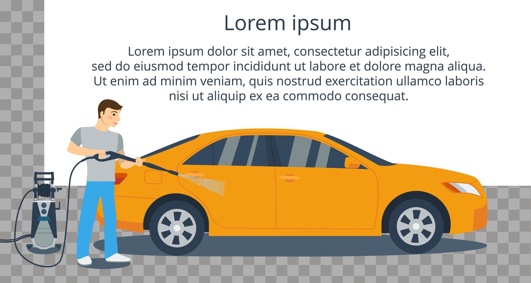 Man washing a yellow car with high pressure washer. Spraying water from the hose. Flat style vector illustration
