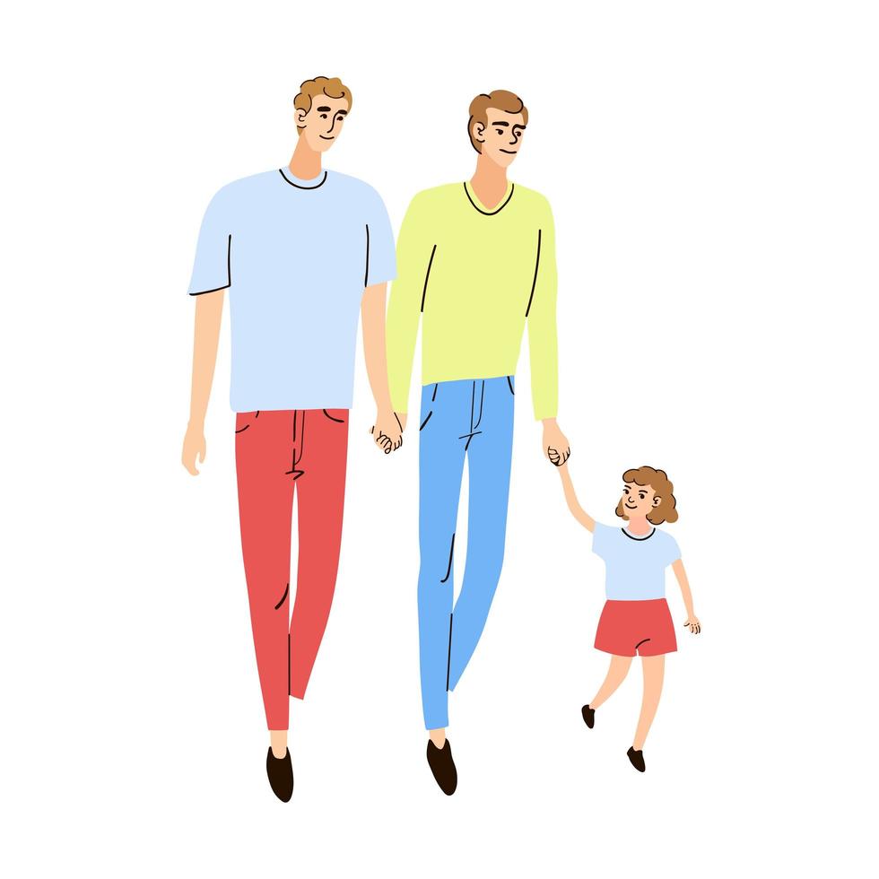 familia joven, dos papás y una hija caminando juntos vector