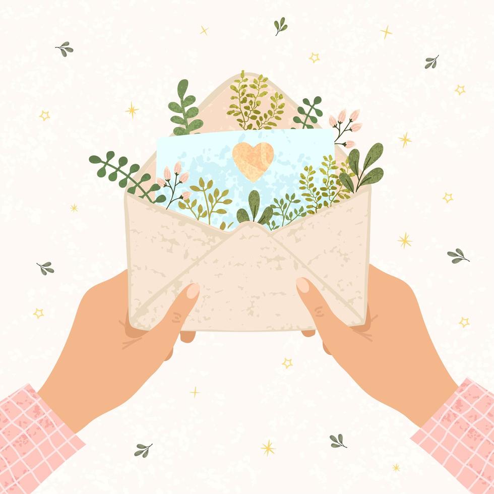 Illustration of an woman hols in hands open envelope with paper on which is drawn a heart vector