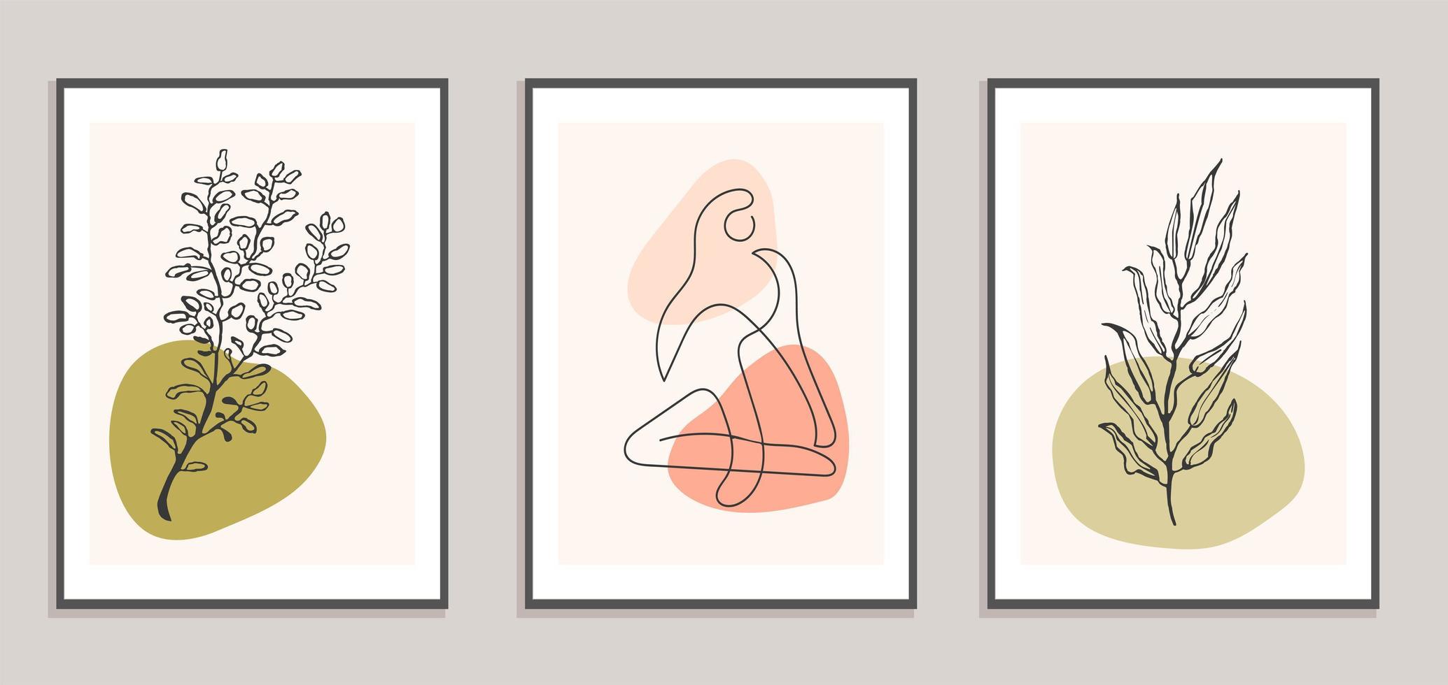 Set with collage modern poster with abstract shapes and one line illustrations of women body vector