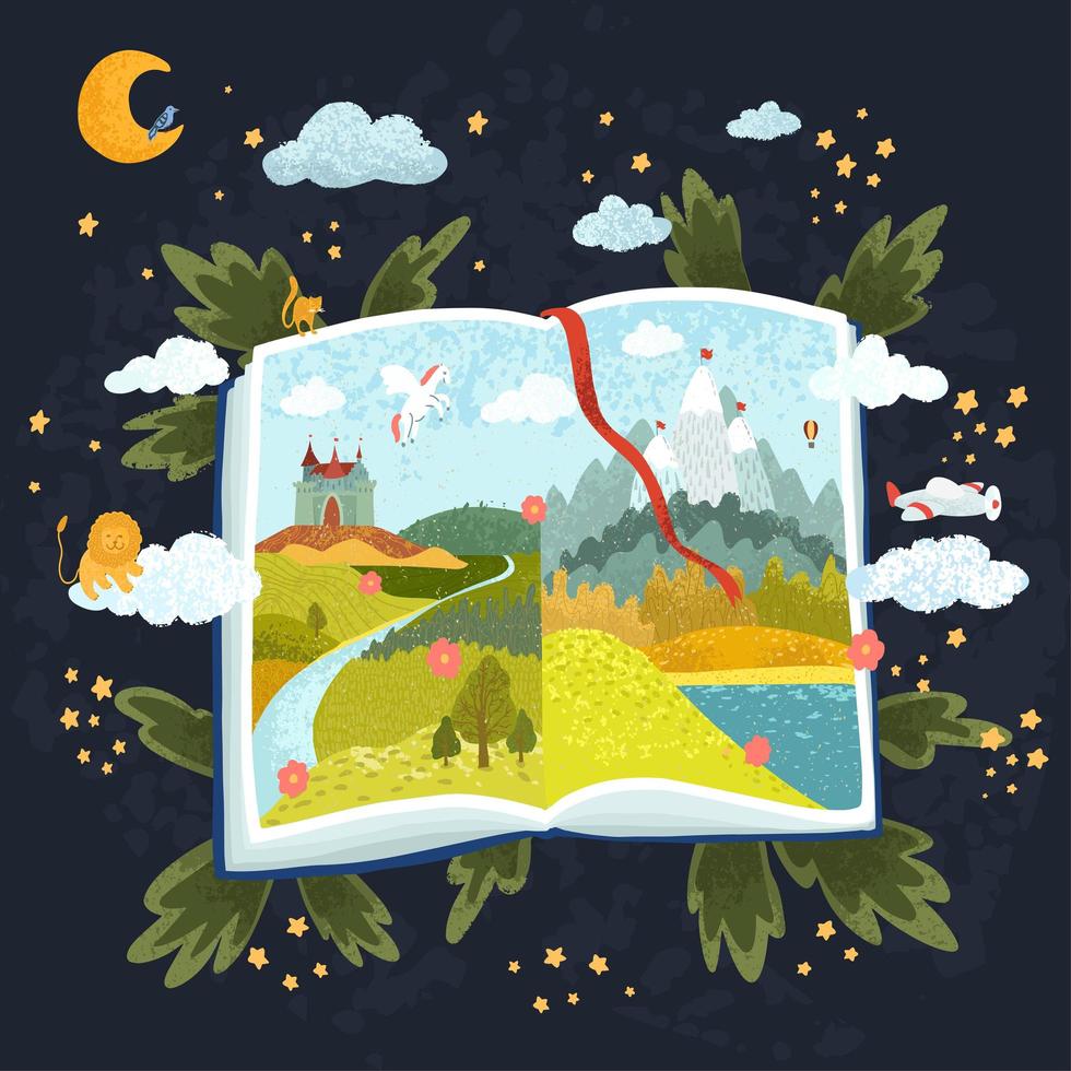Illustration of open book with fabulous pictures vector