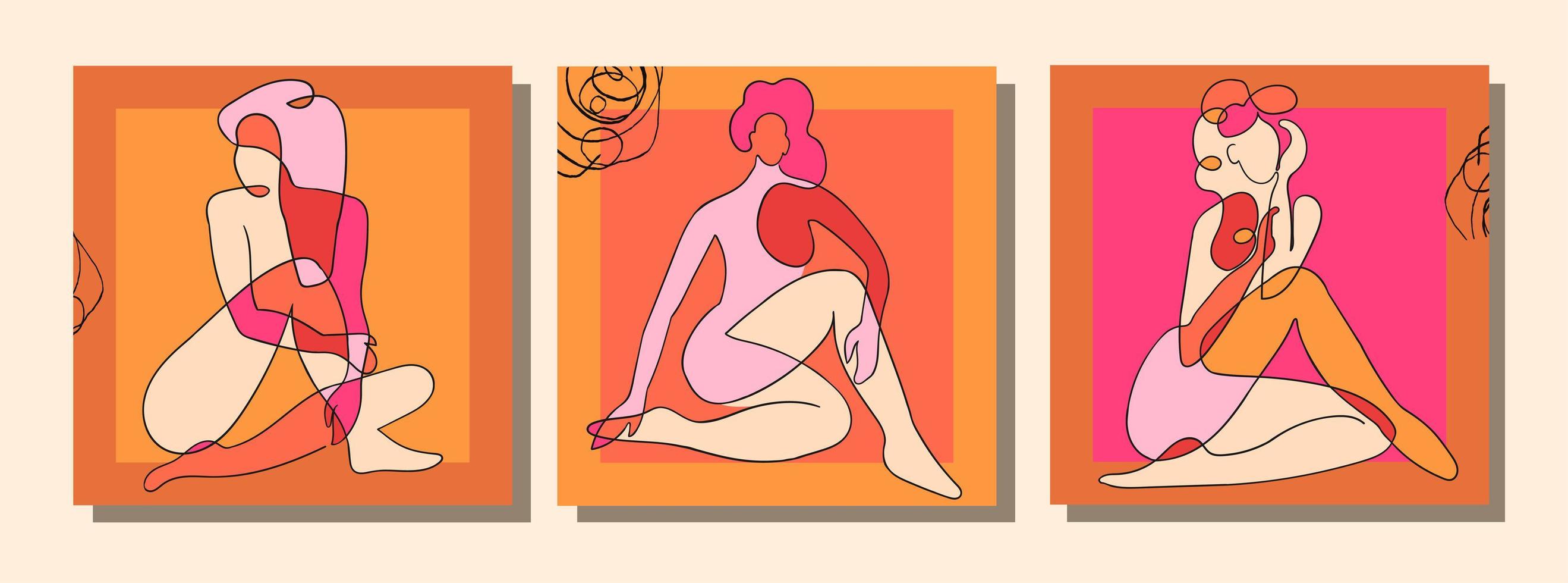 Set with collage modern poster with abstract shapes and one line illustrations of women body vector