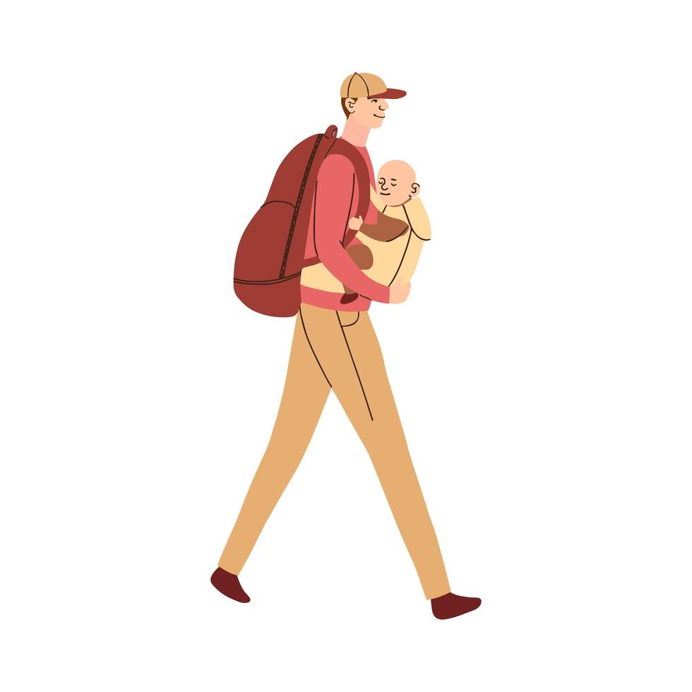 Illustration of father carries the baby in an ergo backpack, with a backpack on his back vector