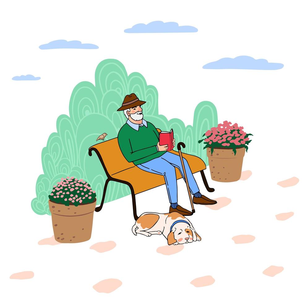 anciano sentado en un banco del parque leyendo un libro vector