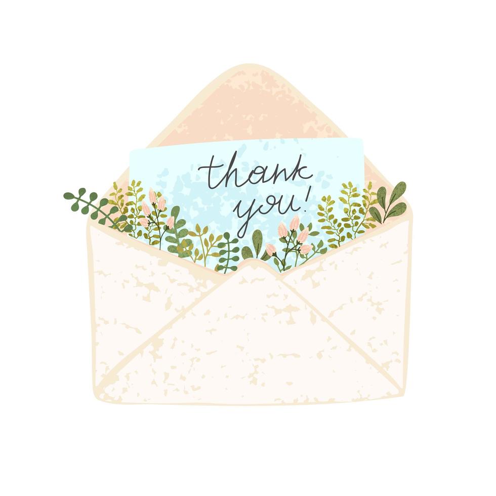 Illustration of an open envelope with paper on which is written thank you vector