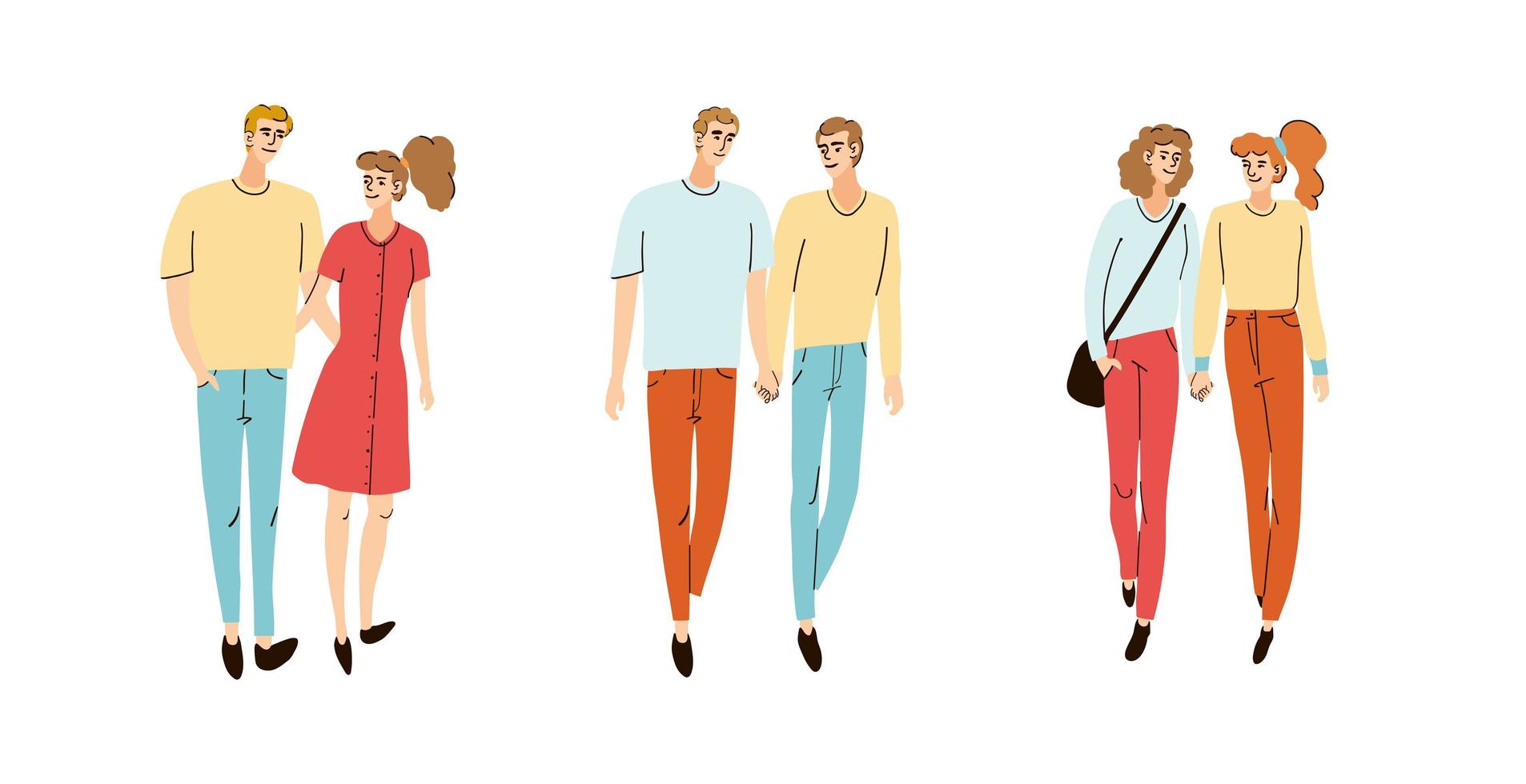 conjunto colorido con ilustraciones de una pareja joven caminando vector