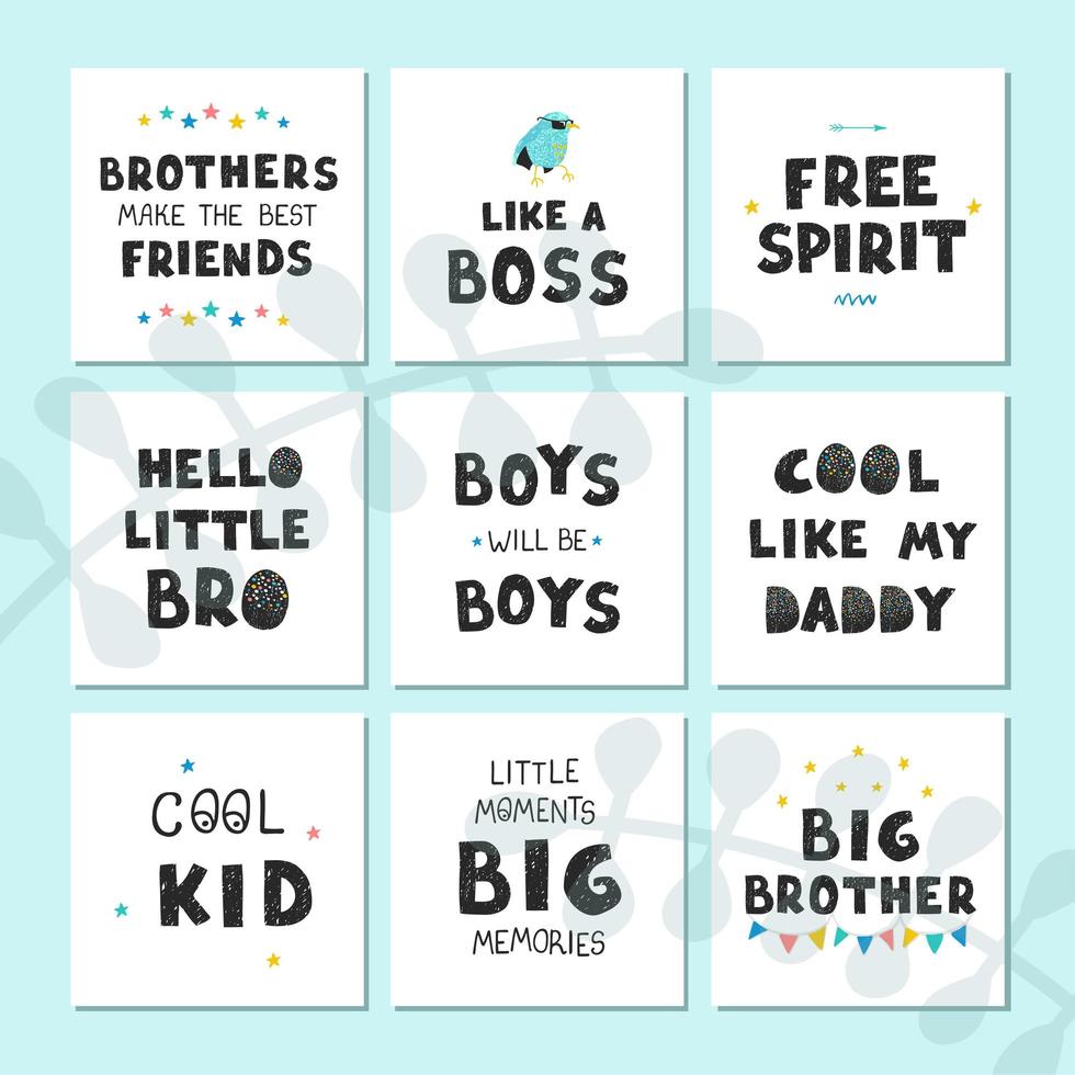 Vector set with fun hand drawn nursery posters with lettering for little boys