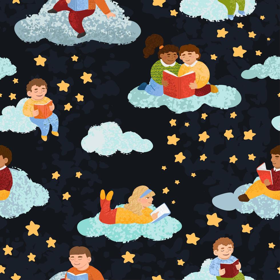 Seamless pattern with illustrations of cute children who read books vector