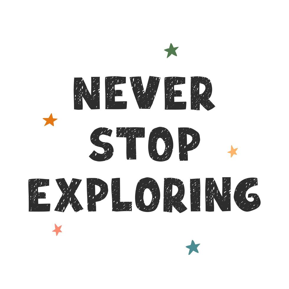 Never stop exploring - fun hand drawn nursery poster with lettering vector