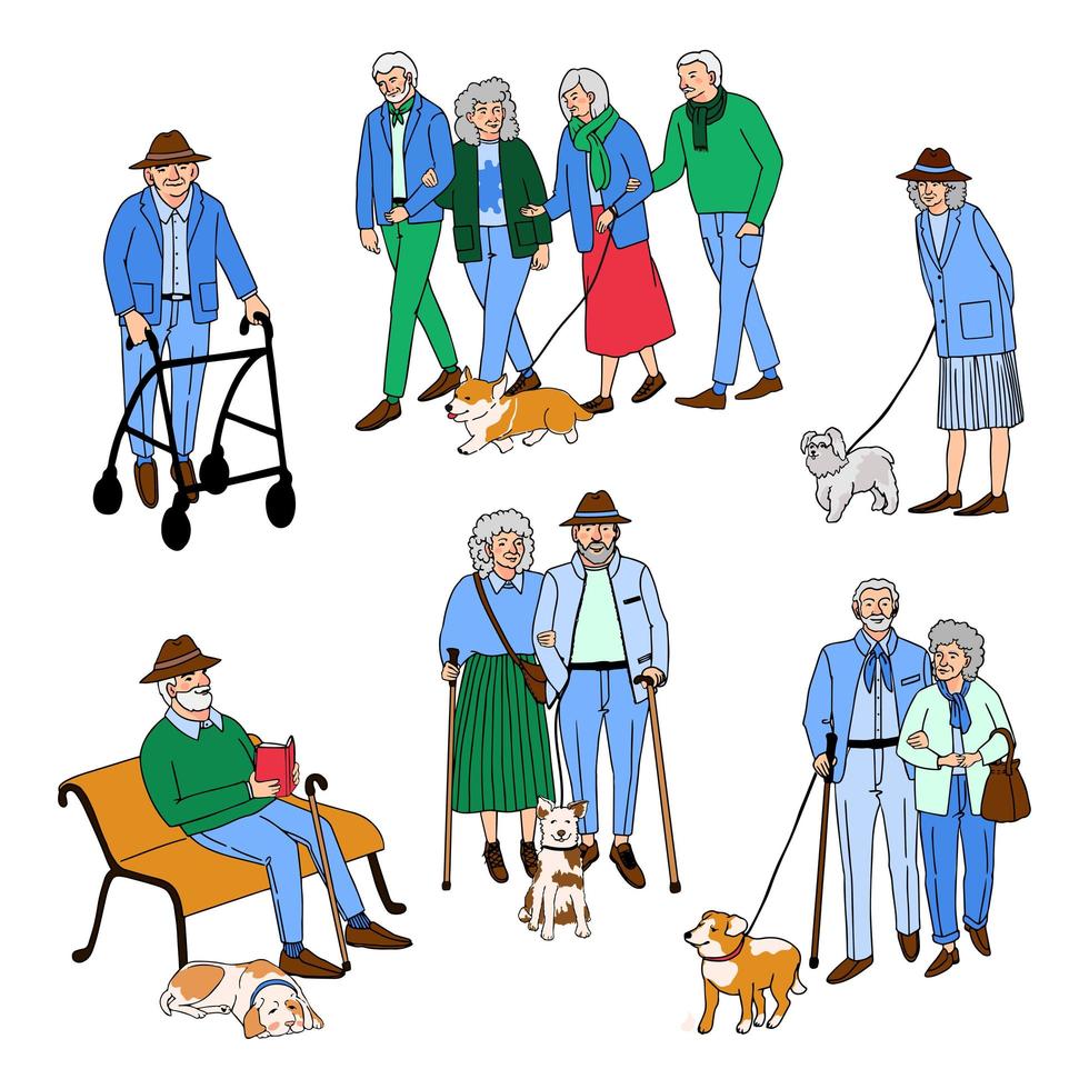 set with illustrations of old people walking vector
