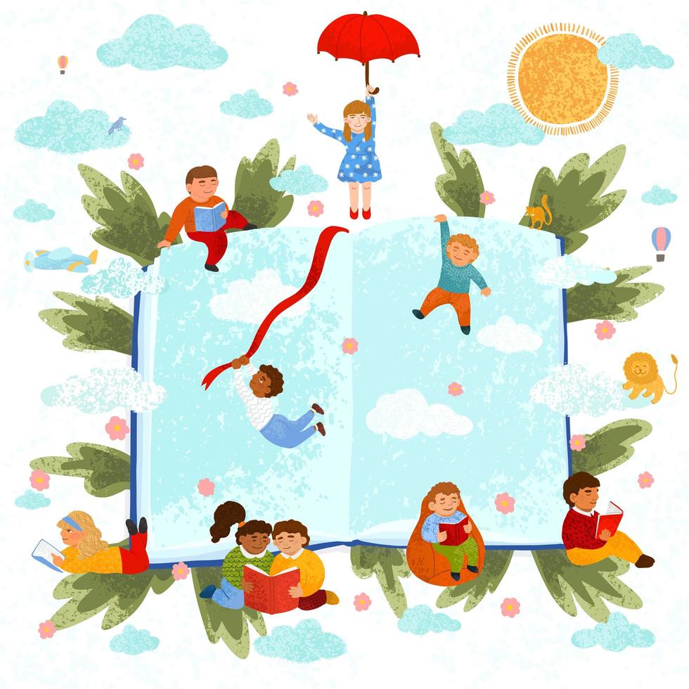 ilustración colorida de niños leyendo un libro vector