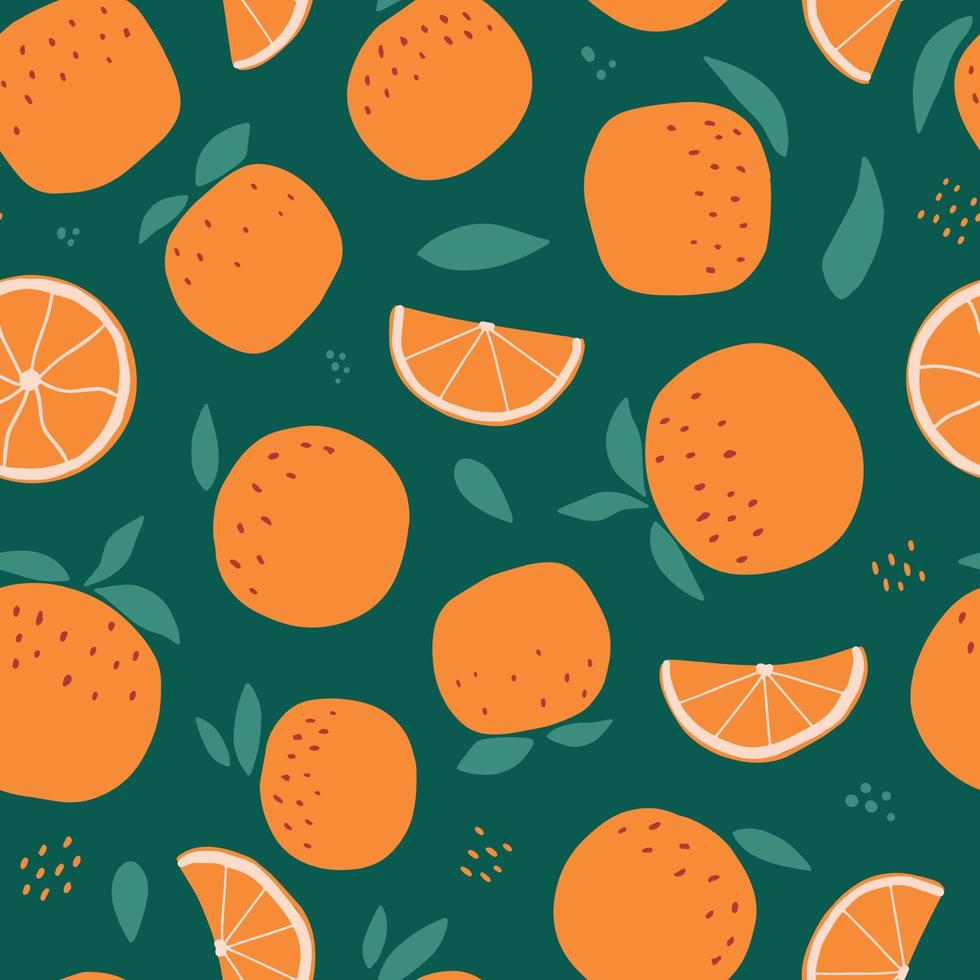 patrón sin costuras con naranjas sobre fondo verde. bueno para envolver papel, estampados textiles, álbumes de recortes, papel tapiz, papelería, fondos, embalaje de productos, etc. eps 10 vector