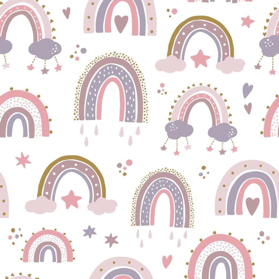 nursery seamless pattern with hand drawn rainbows, clouds and stars. Good for nursery prints, scandinavian decor, wallpaper, textile kids apparel, bedding, wrapping paper, etc. EPS 10 vector