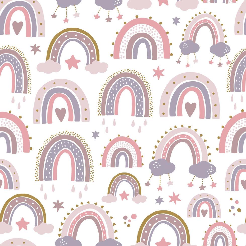 nursery seamless pattern with hand drawn rainbows, clouds and stars. Good for nursery prints, scandinavian decor, wallpaper, textile kids apparel, bedding, wrapping paper, etc. EPS 10 vector