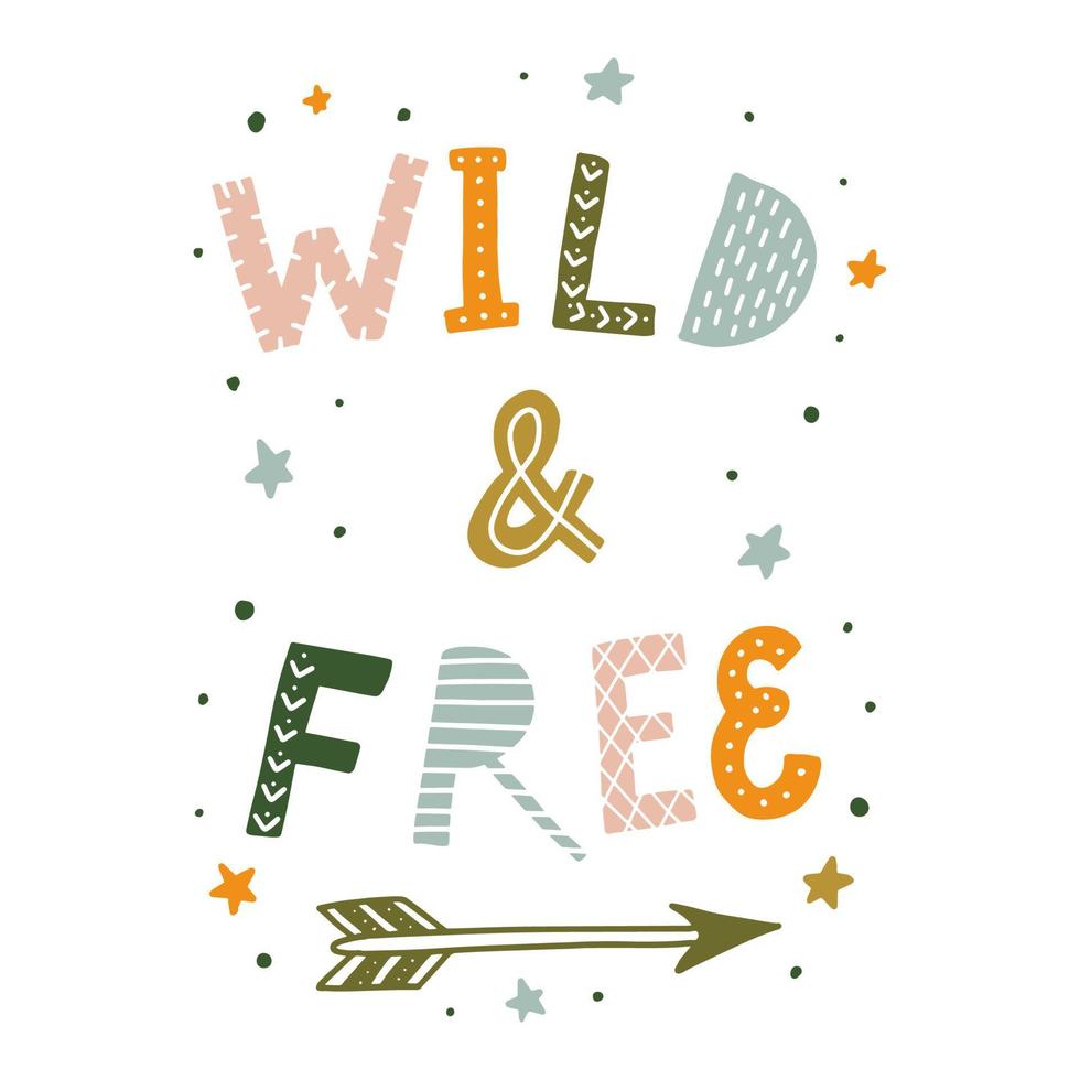 Cute hand lettering quote Wild and free for nursery room decor. Good for prints, posters, cards, stickers, kids apparel, wall art, etc. EPS 10 vector
