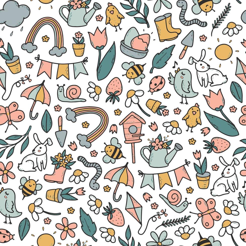 Spring seamless pattern with doodles on white background. Good for Easter decor, wrapping paper, scrapbooking, kids textile, wallpaper, etc. EPS 10 vector