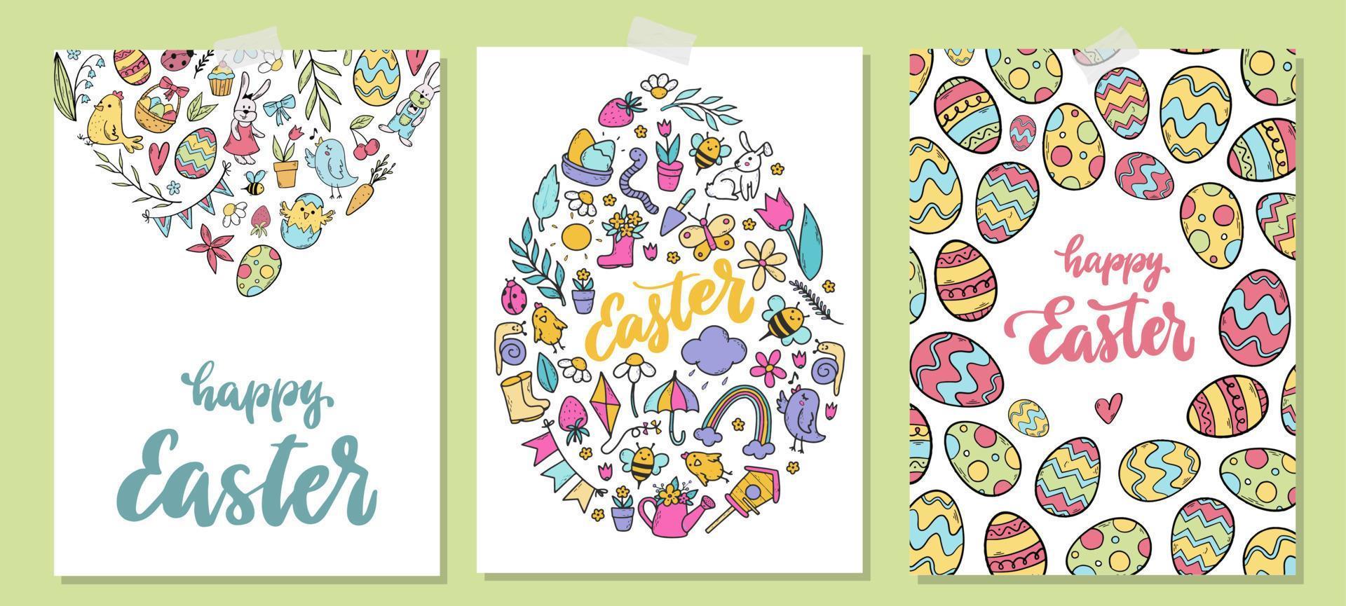 set of easter greeting cards and posters decorated with hand drawn doodles and lettering quotes. Good for invitations, prints, templates, etc. EPS 10 vector