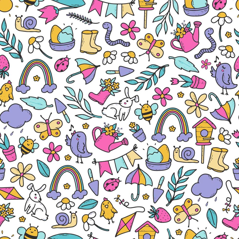 Spring seamless pattern with doodles on white background. Good for Easter decor, wrapping paper, scrapbooking, kids textile, wallpaper, etc. EPS 10 vector