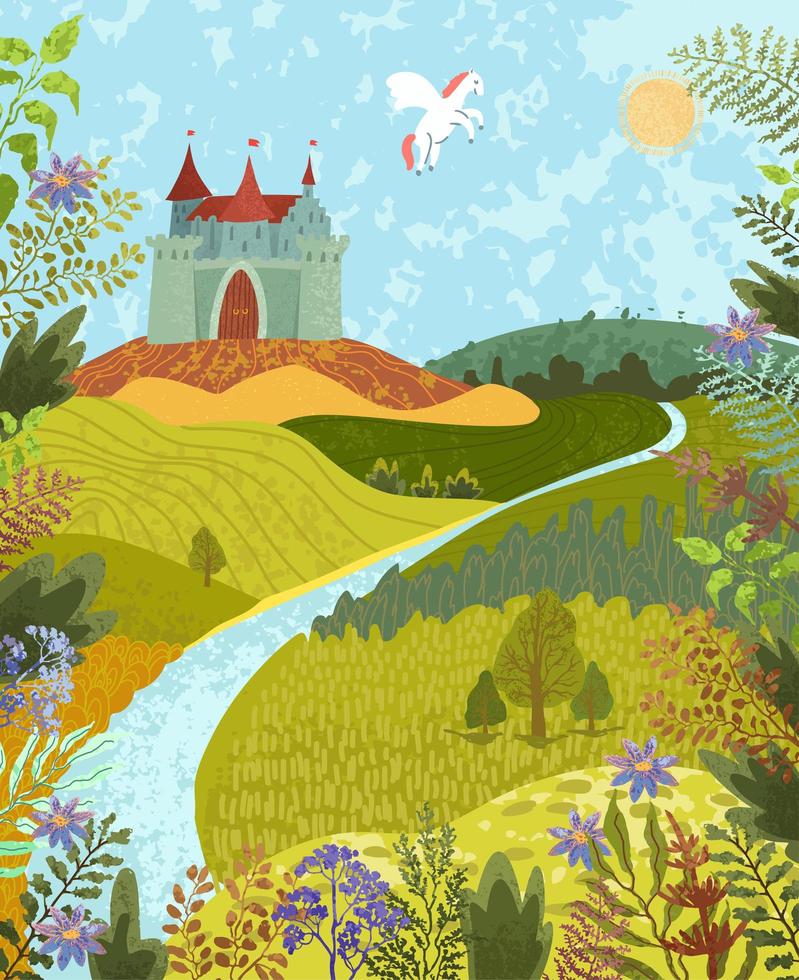 fabuloso paisaje con un castillo y un pegaso vector