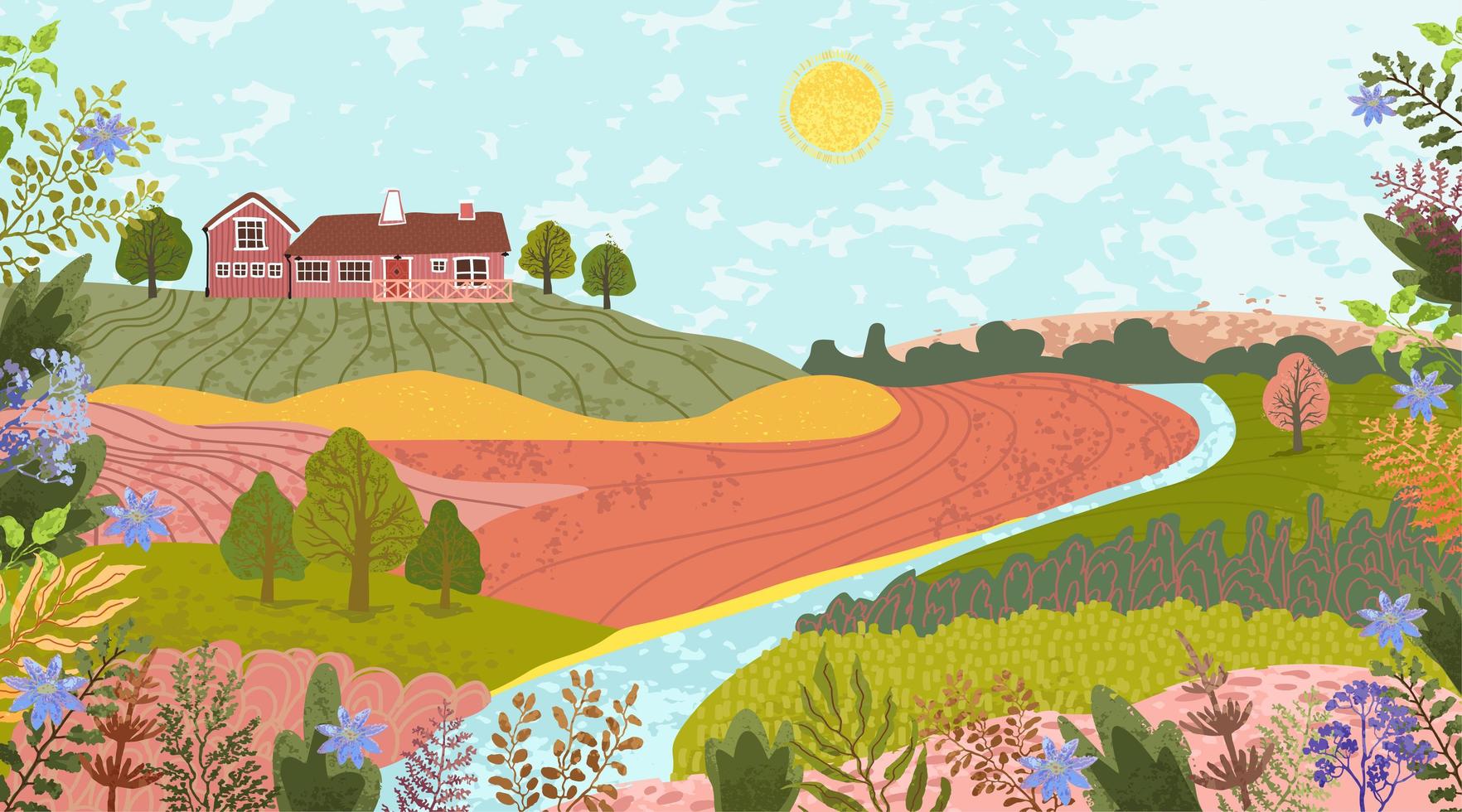 Nature landscape with a house and river vector