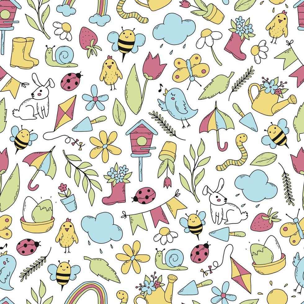 Spring seamless pattern with doodles on white background. Good for Easter decor, wrapping paper, scrapbooking, kids textile, wallpaper, etc. EPS 10 vector