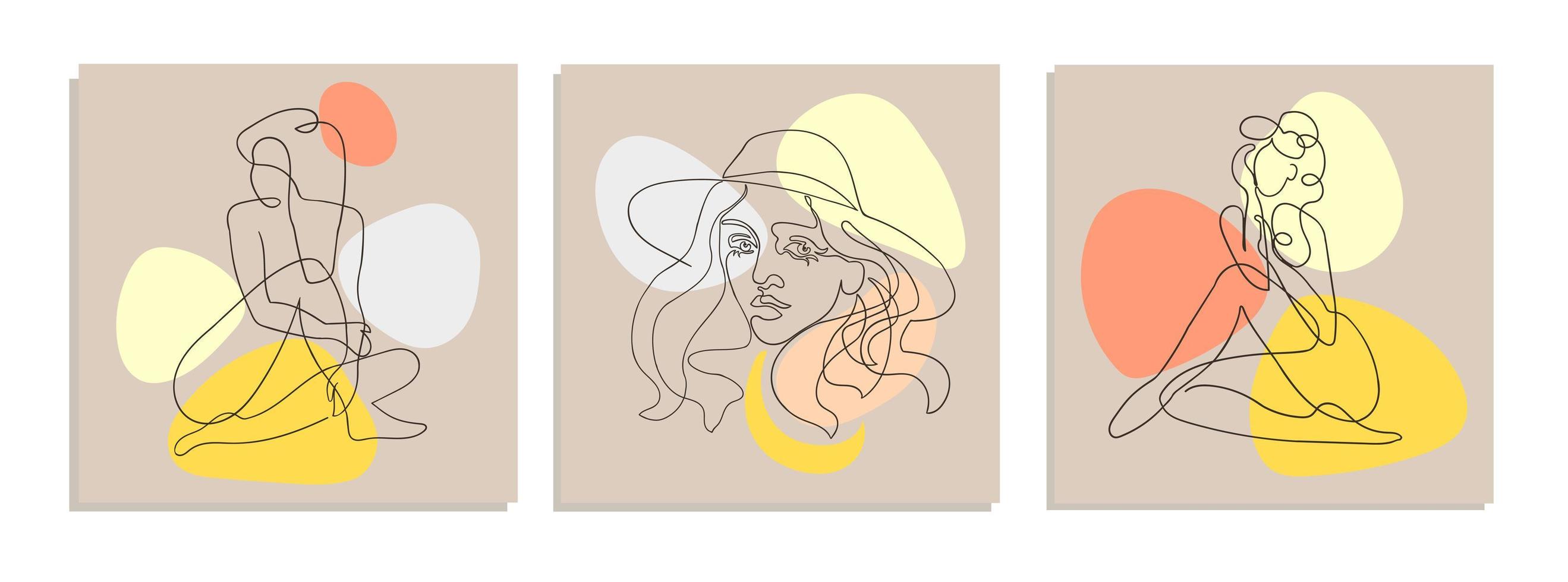Set with collage modern poster with abstract shapes and one line illustrations of women body vector