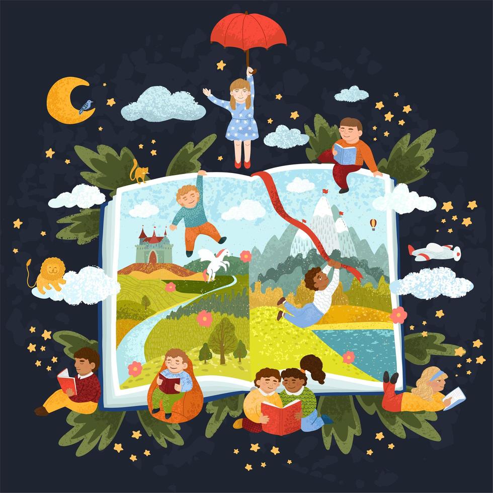 Children read a book of fairy tales vector
