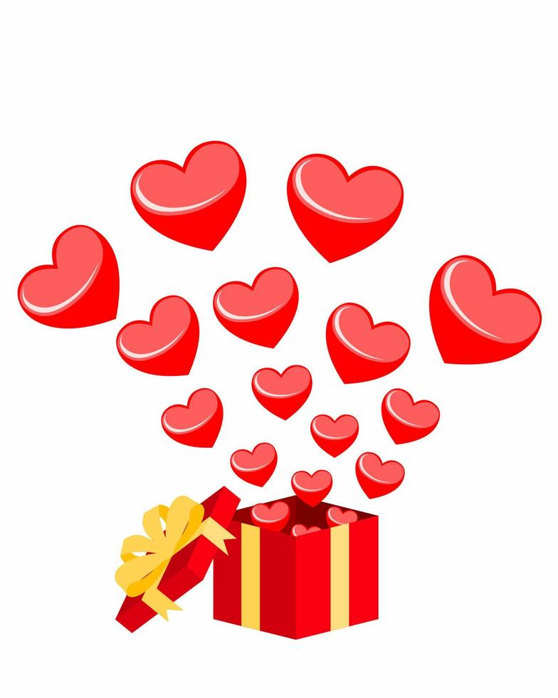 caja de regalo con corazones volando fuera de la caja. caja isométrica con elementos voladores sobre un fondo blanco. símbolo vectorial de amor, para mujeres felices, madre, día de san valentín, tarjeta de cumpleaños. vector