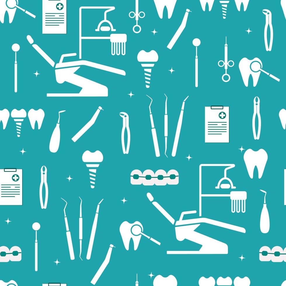 Dental equipment. Dental chair, examination form, instruments for examination, treatment, prosthetics, tooth extraction, implants, braces. Background with icons of the dental clinic. Seamless pattern vector