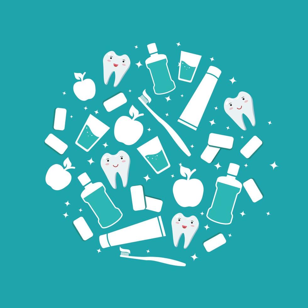 Oral care. Dental banner. Items for daily oral hygiene. Mouthwash and toothbrush with paste, apple, chewing gum, white healthy teeth. For poster design. Vector isolated flat icons on a blue background