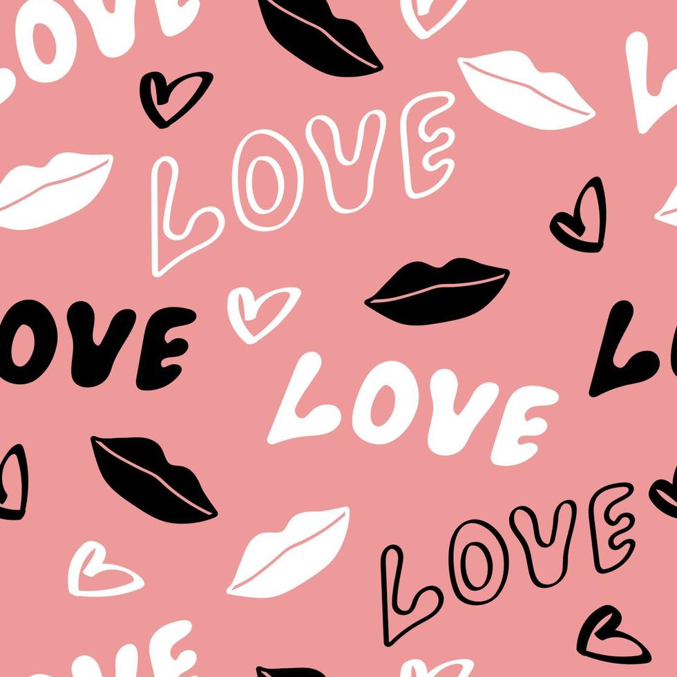 Valentines Day doodle seamless pattern. Romantic hand-drawn pink background with love lettering, hearts and lips. Ideal for wrapping paper, textiles, wallpaper, wedding design. Vector. vector