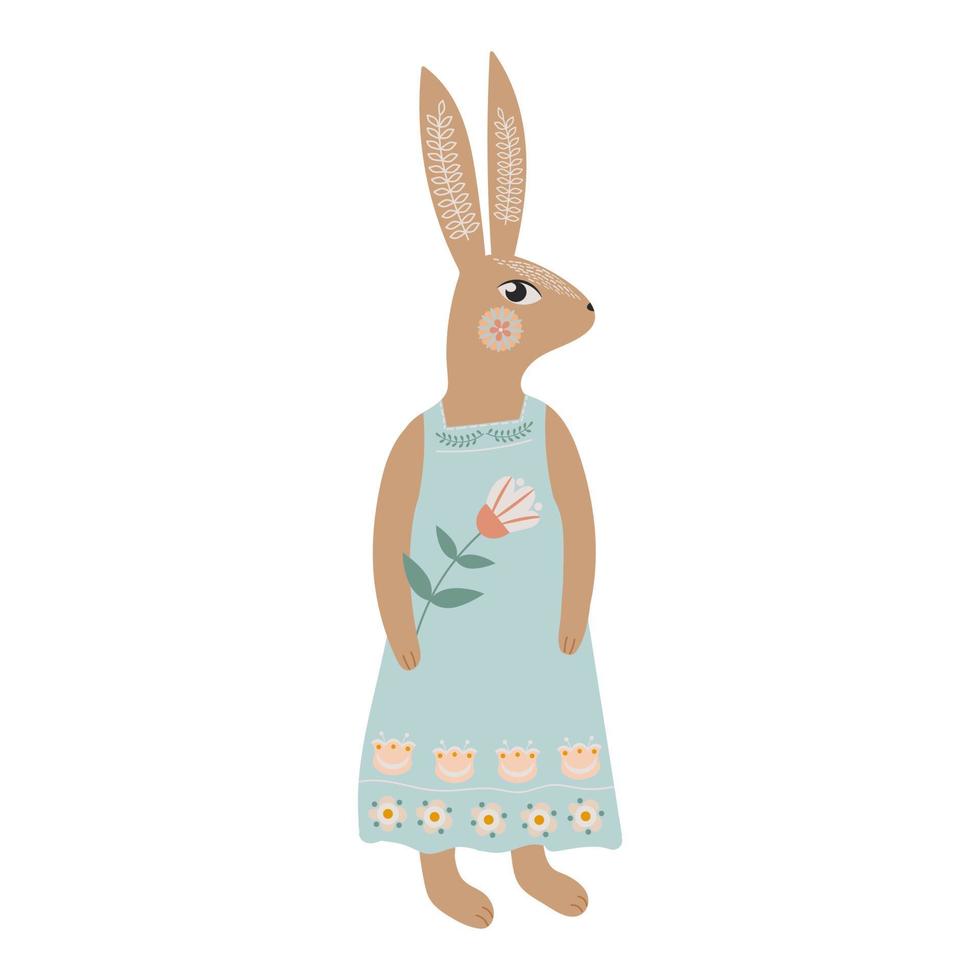 Rabbit or bunny in a dress, in folk art style. Easter bunny vector