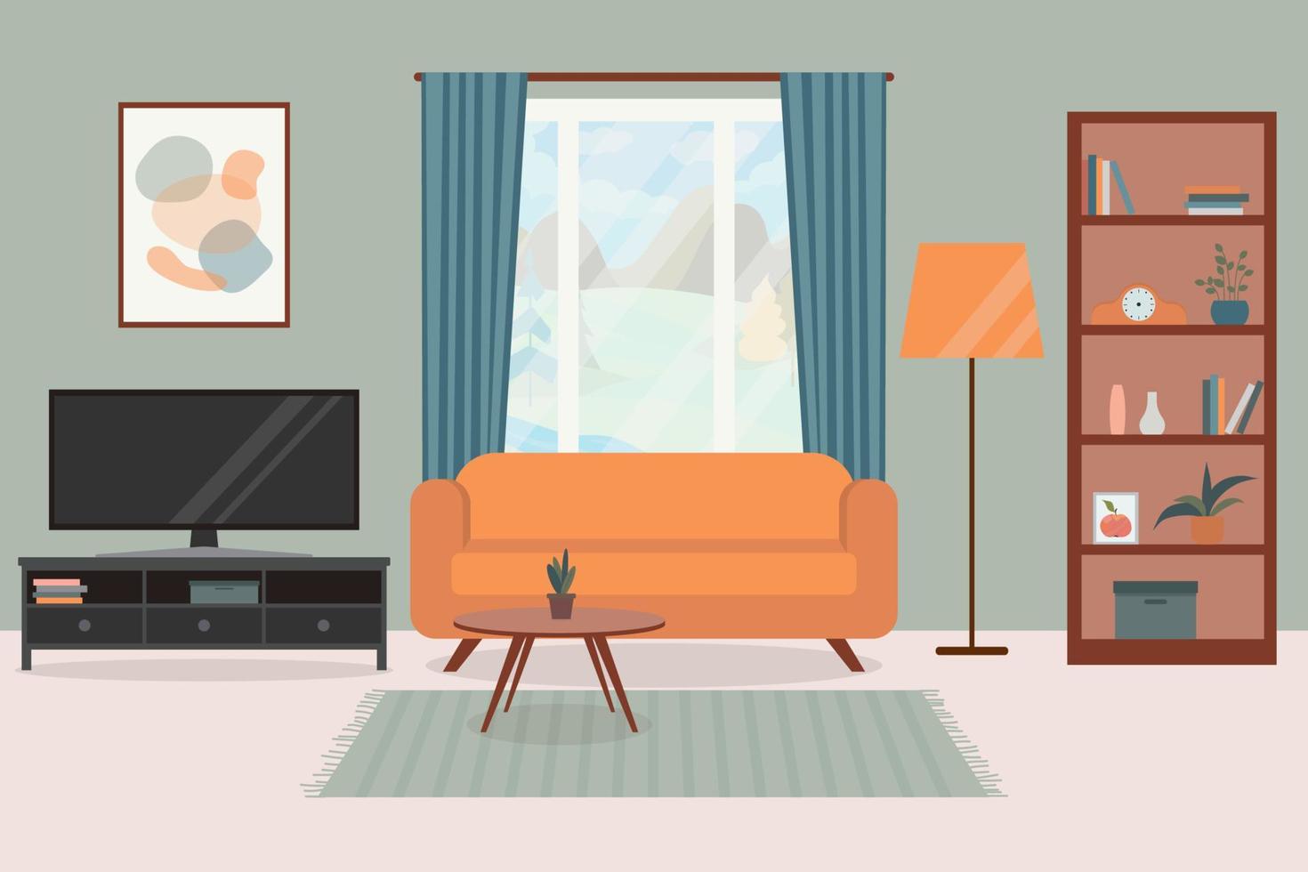 acogedor salón interior, con una gran ventana, sofá, tv y pintura de carteles. vector