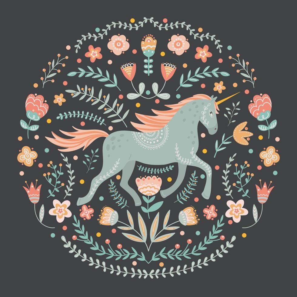 unicornio y motivos florales, ilustración en estilo de arte popular. vector