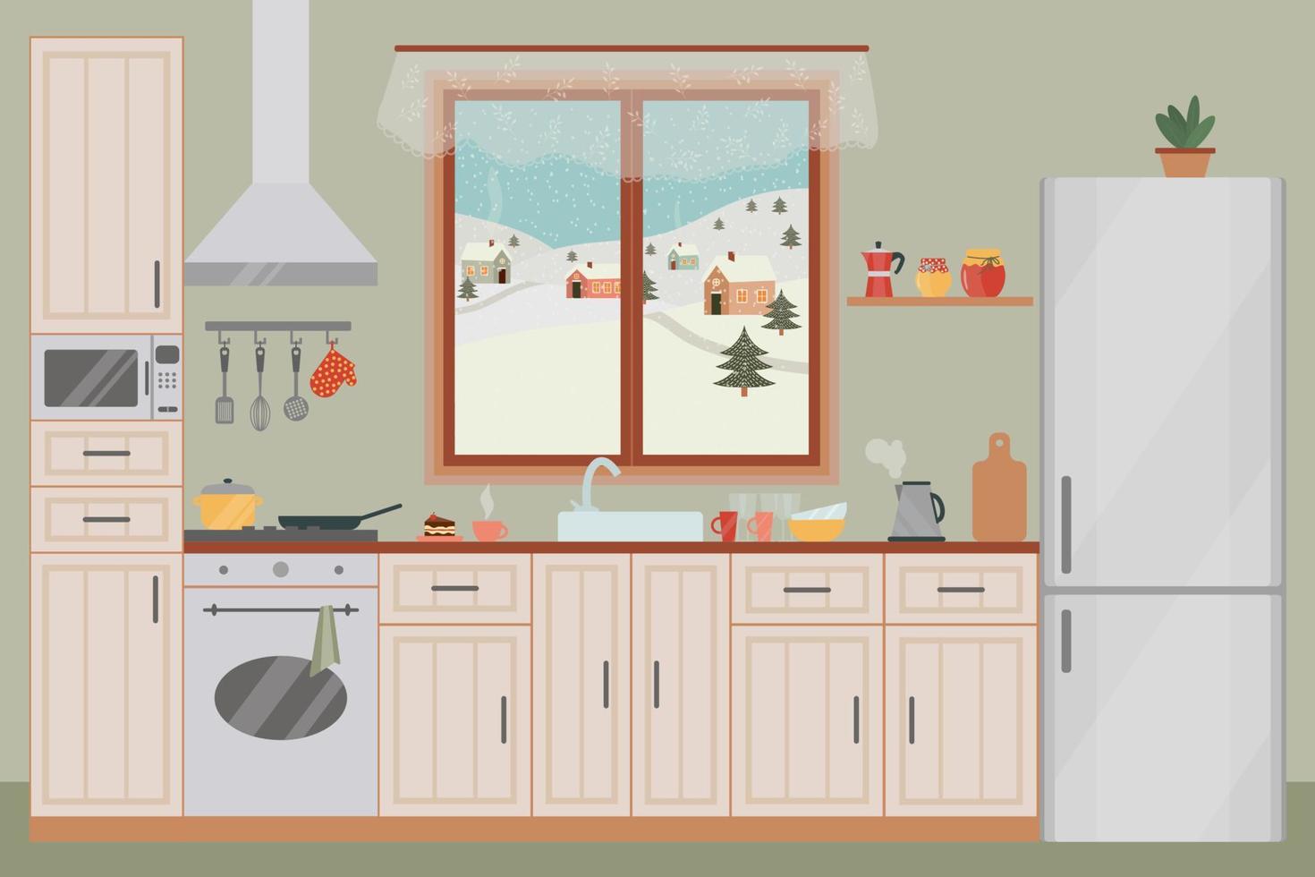 Cozy kitchen interior with a window. Refrigerator, oven, microwave, flowerpot, dishes. vector