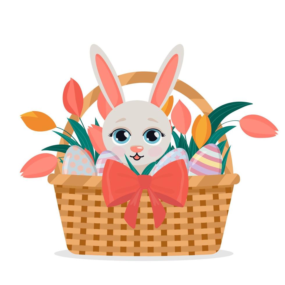 Cute Easter bunny in a basket with Easter eggs and tulips. vector