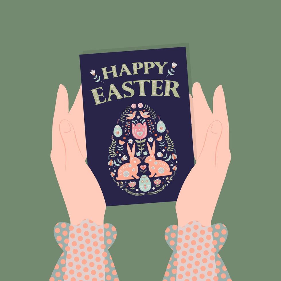 Happy Easter greeting card in folk style with floral motifs, rabbits and birds, in female hands. vector