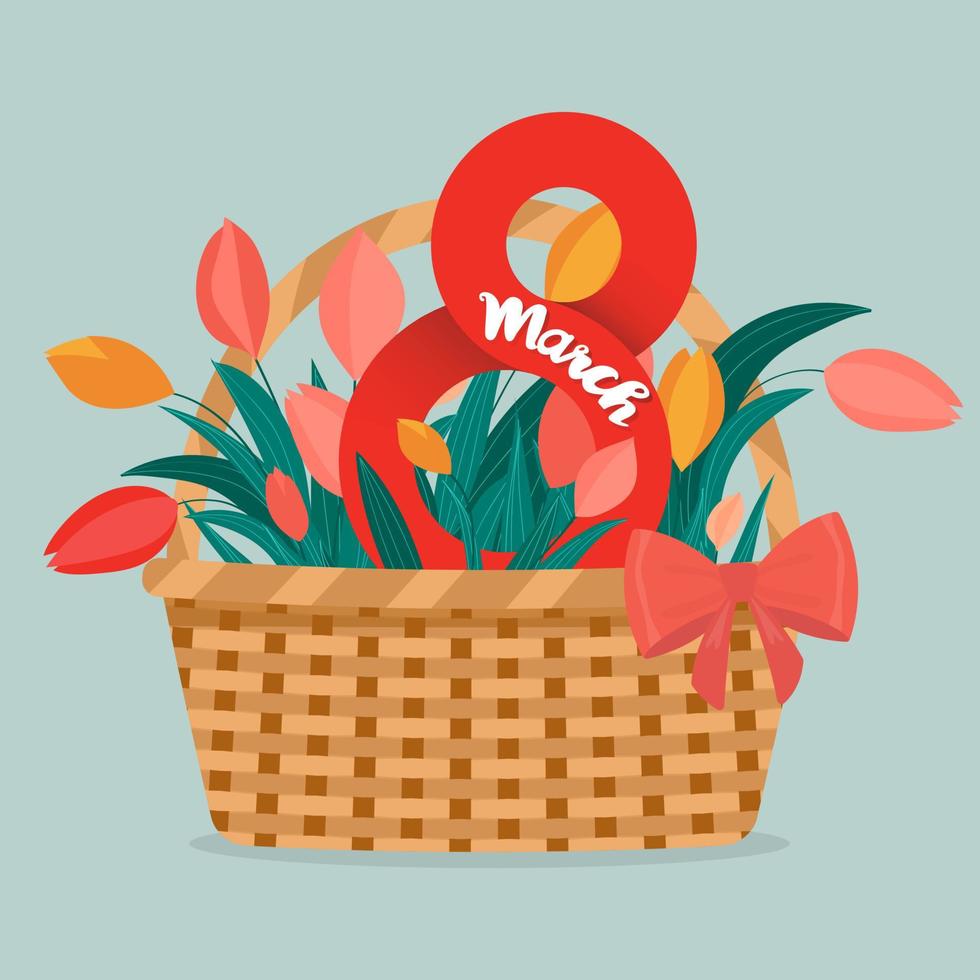 International Women's Day, 8 March. Basket with tulips, number 8, and a bow. Greeting card. vector