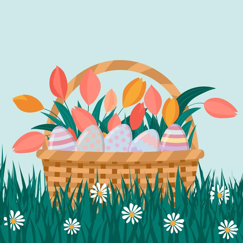 Basket with Easter eggs and spring tulips, on the grass with daisies. vector