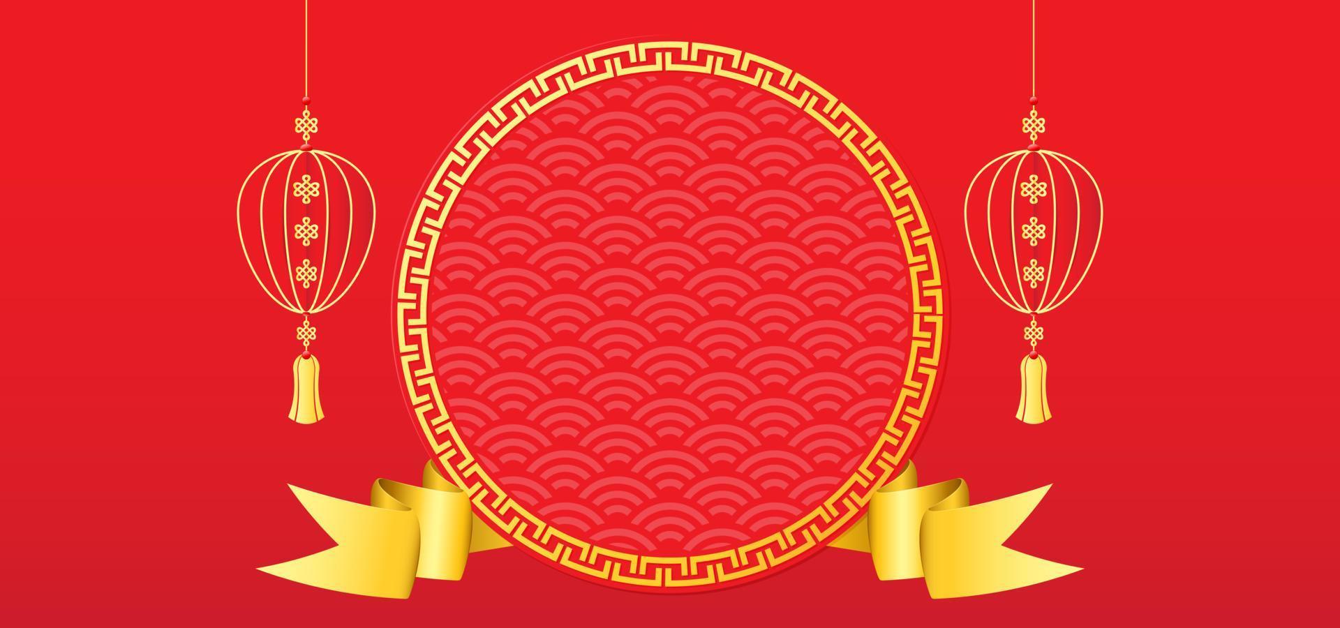 fondo de año nuevo chino con espacio en blanco para texto. tema de fondo rojo y dorado con textura de patrón, cinta y linterna. ilustración vectorial vector