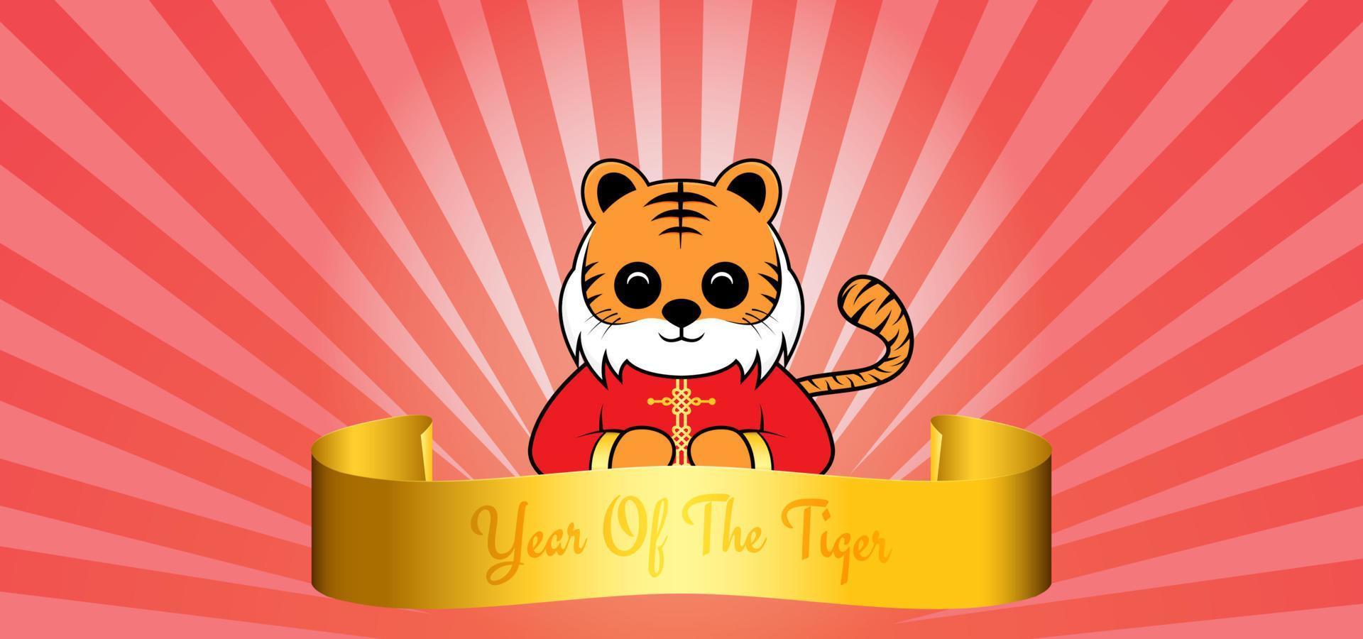 2022 Year of The Tiger. Happy Chinese New Year with tiger character and golden ribbon vector