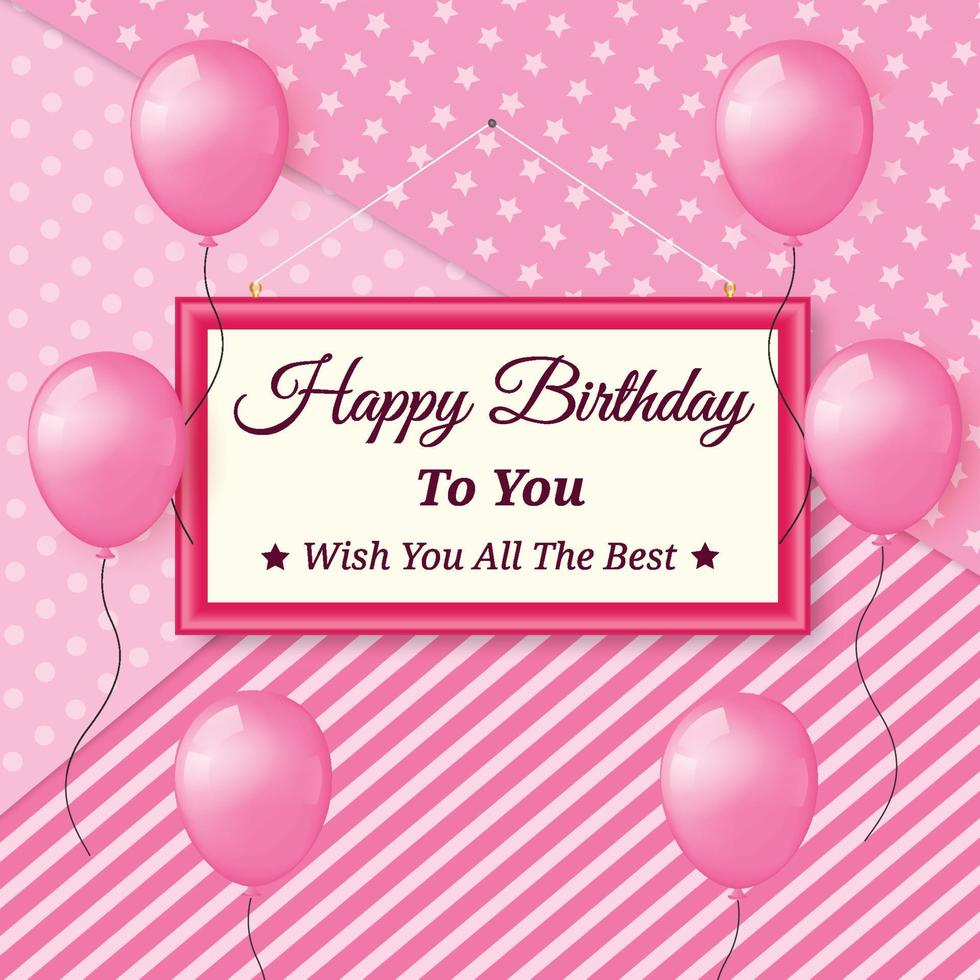 Happy birthday design background with pink balloons and stripes texture vector illustration