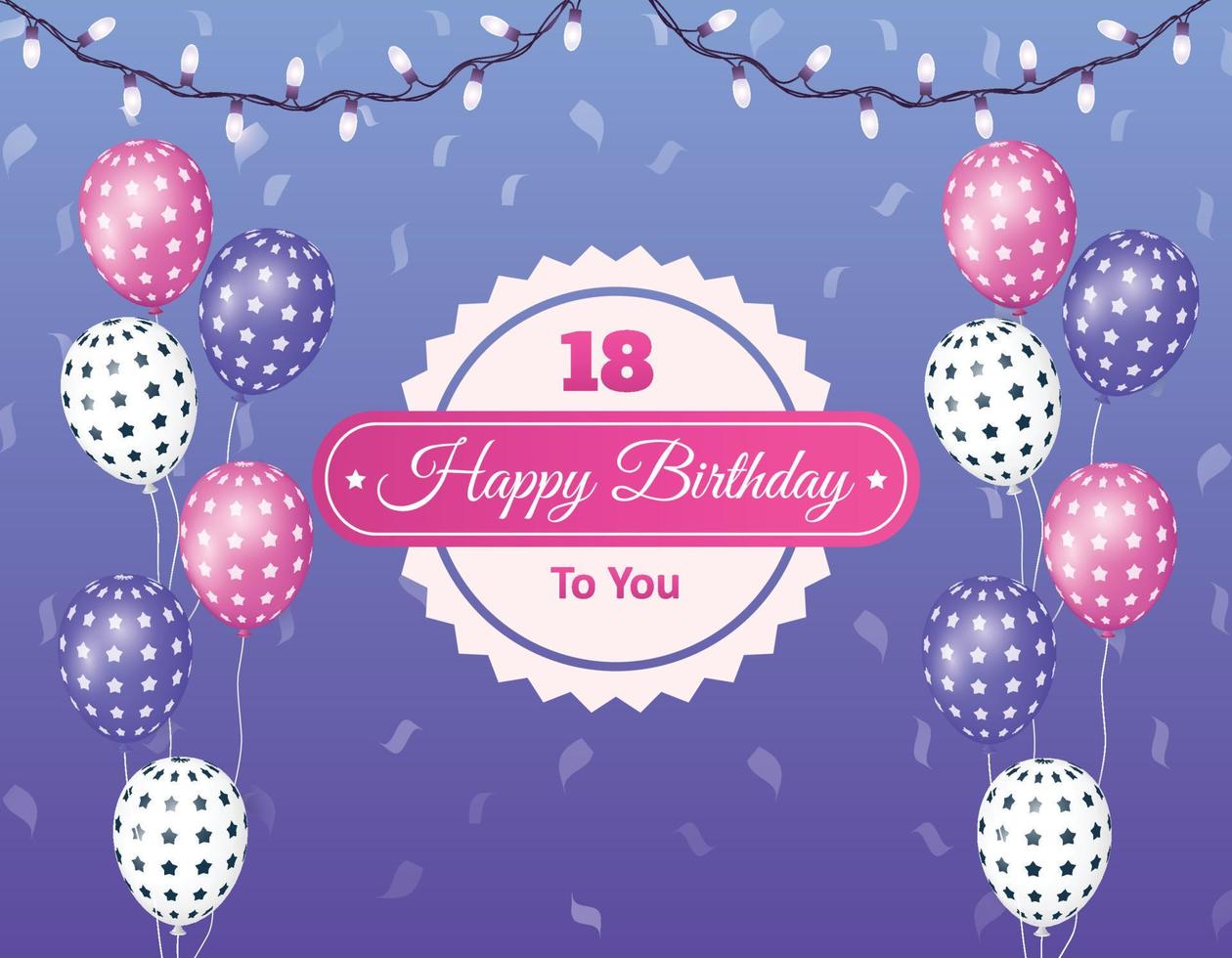 Happy birthday celebration background with realistic balloons, lights and badge vector illustration