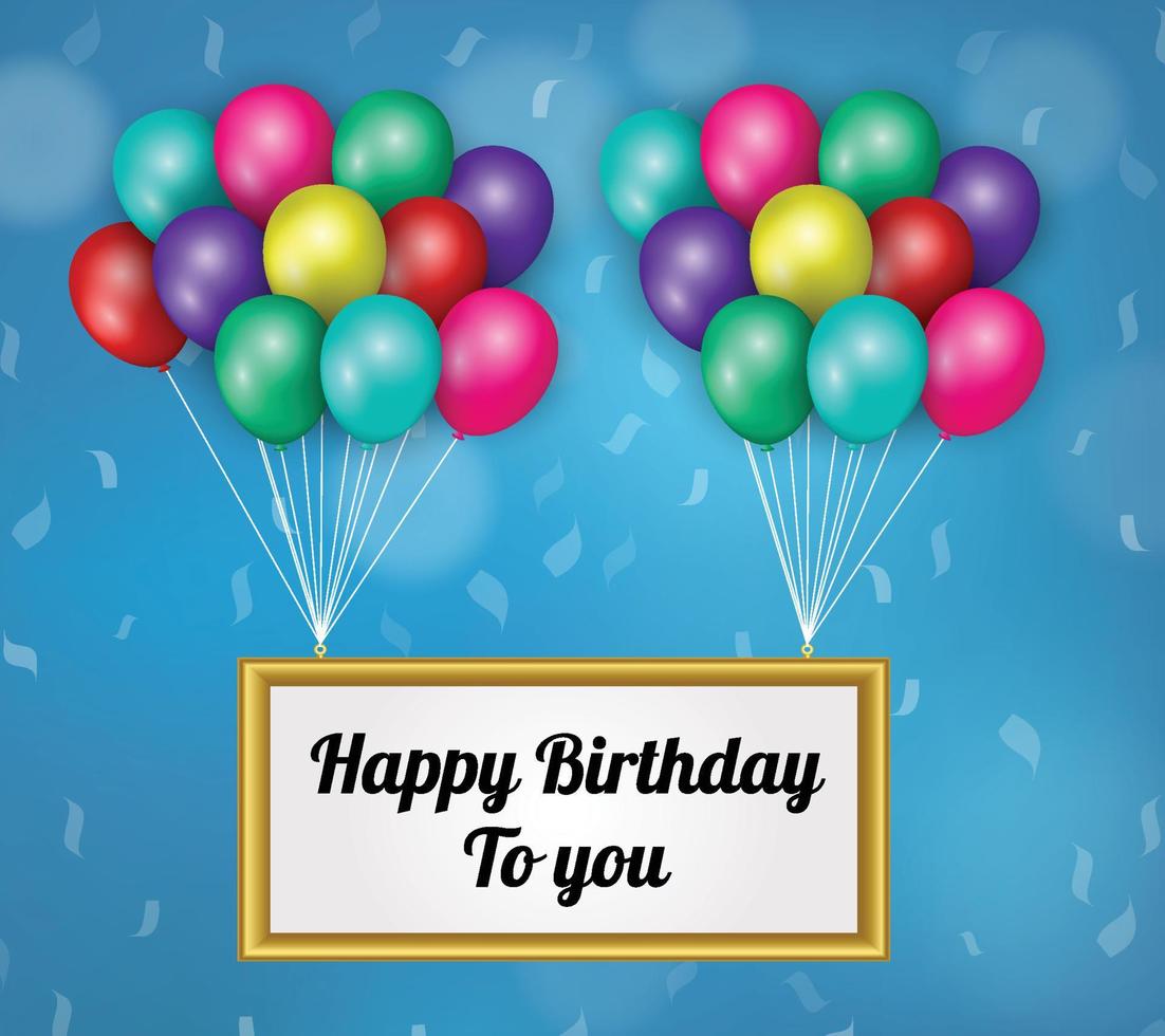 Happy birthday background with colorful balloons and hanging board with birthday text vector illustration