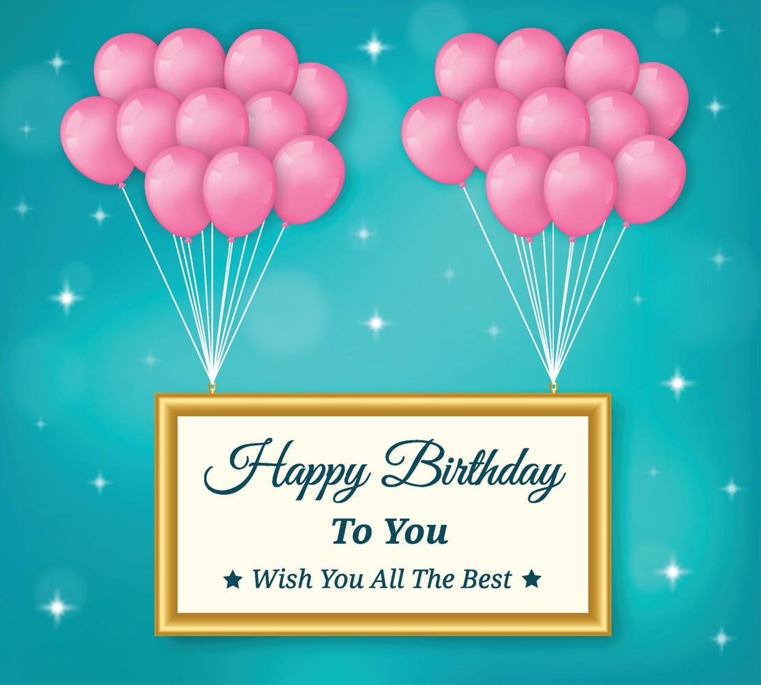 Happy birthday background with pink balloons and hanging board vector illustration