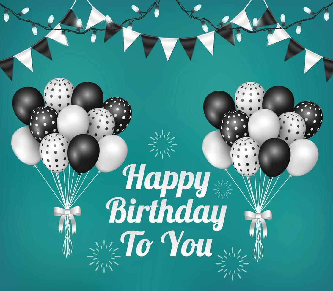 Realistic birthday background with balloons, light and flag decorations vector illustration