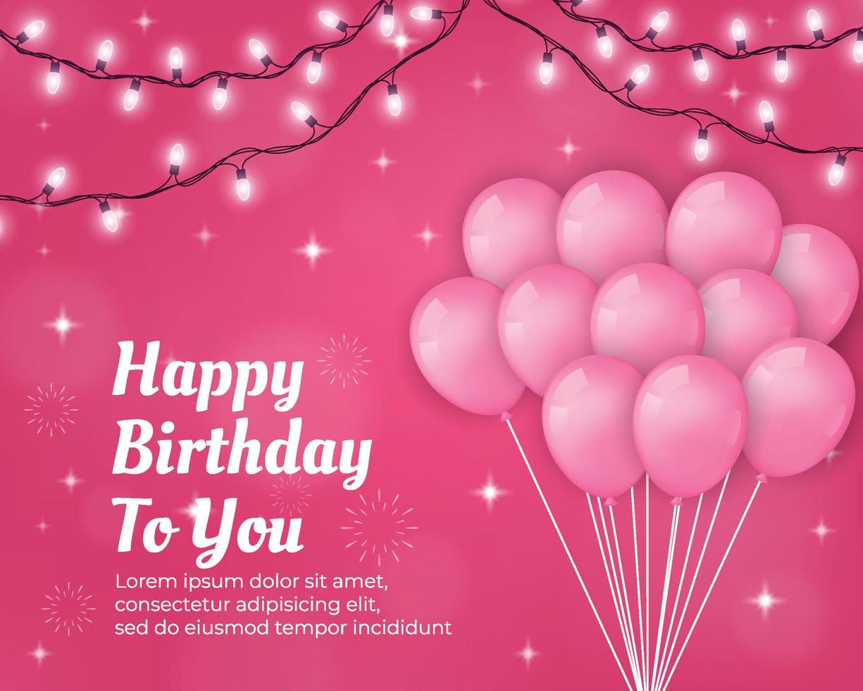 Happy birthday background with pink balloons and light decorations vector illustration