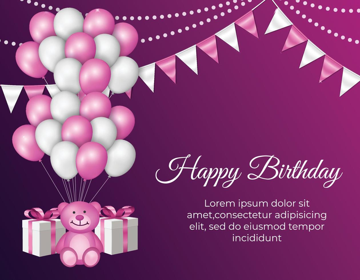 fondo de celebración de cumpleaños con globos, banderas, regalos y lindo oso ilustración vectorial vector