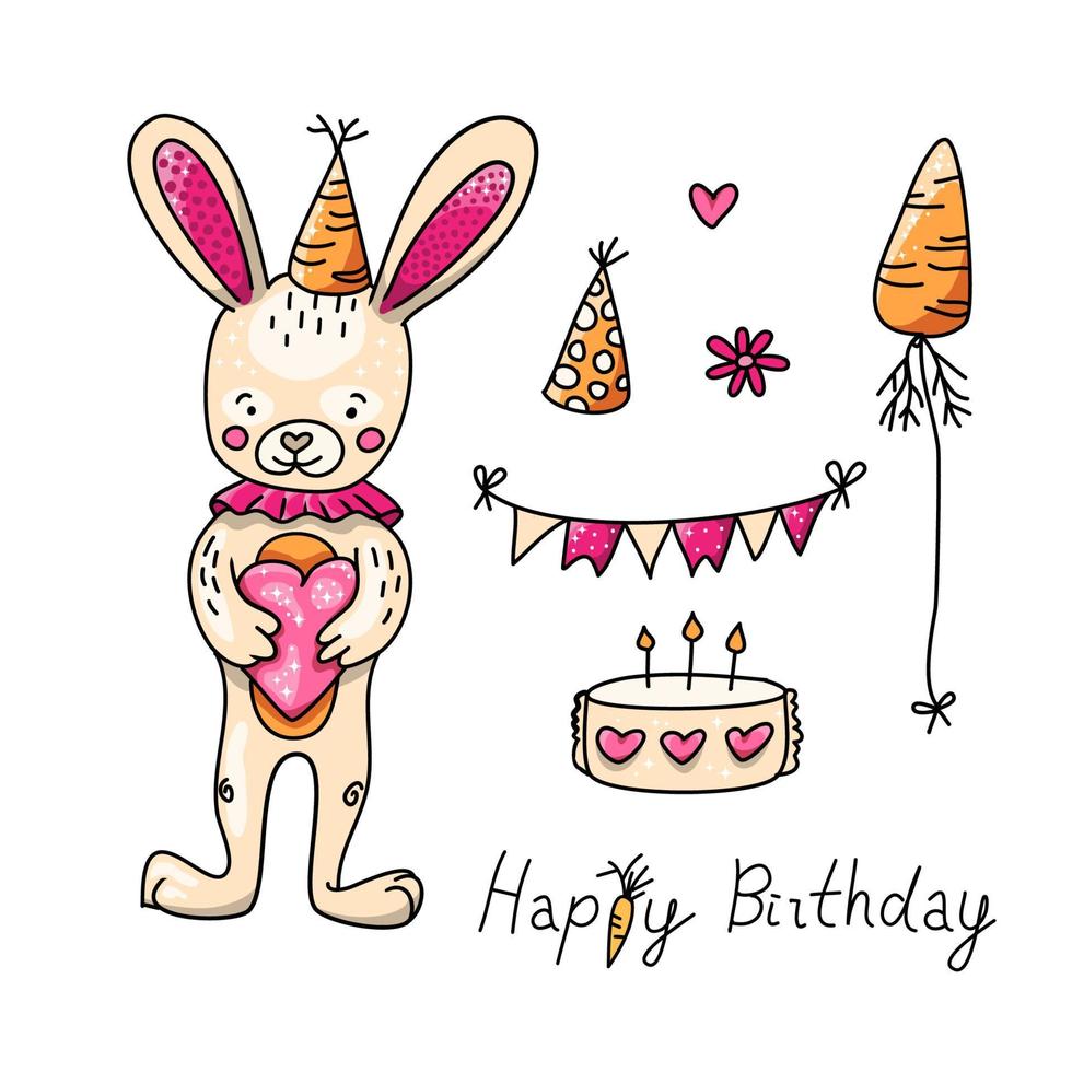Birthday set with rabbit in pink vector