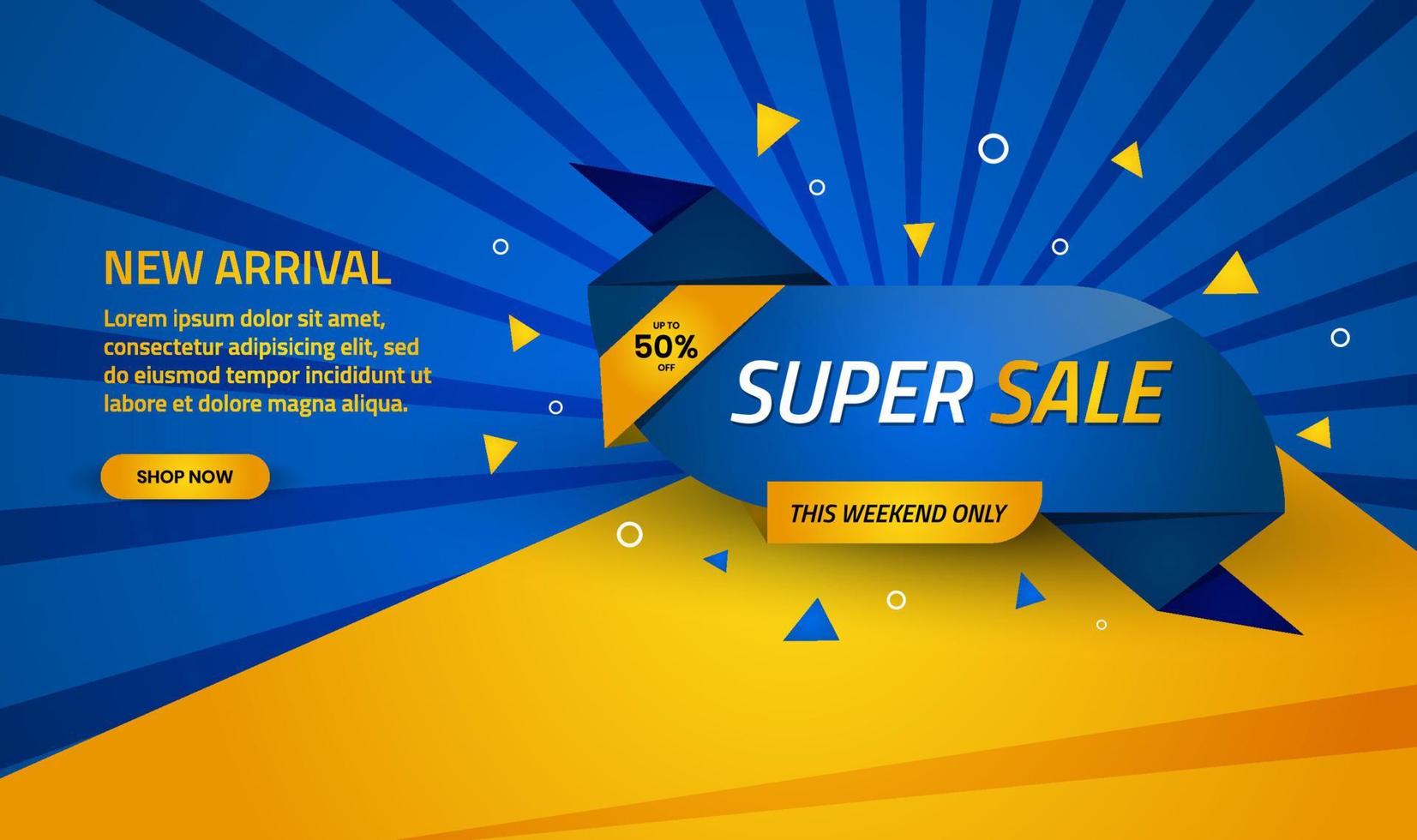 Super sale discount banner template promotion with blue and yellow color abstract background. Simple and modern design template for use element brochure, poster, flyer, and landing page vector
